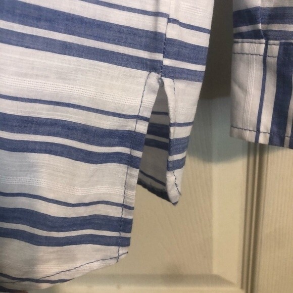 TOMMY HILFIGER Medium Blue White Striped Popover Shirt Roll Tab 3/4 Sleeves - Picture 4 of 7